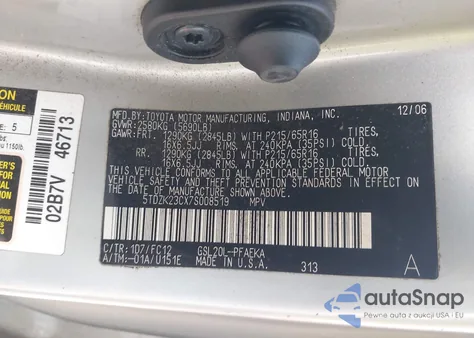 2007 Toyota Sienna Le z USA, uszkodzony, nr VIN 5TDZK23CX7S008519
